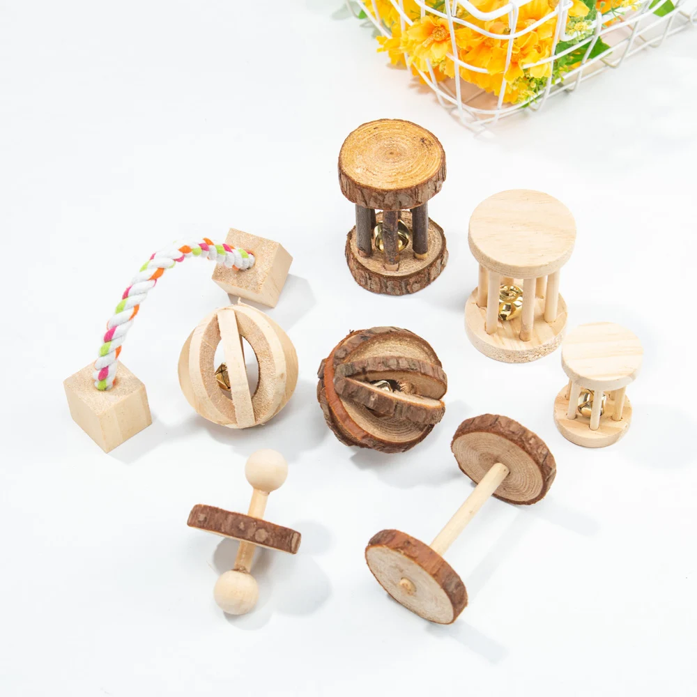 Cute Natural Wooden Rabbits Toys Pine Dumbells Unicycle Bell Roller Chew Toys for Guinea Pigs Rat Small Pet Molars