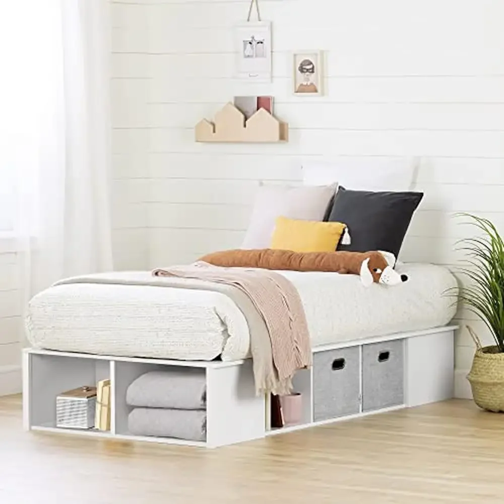 Platform Bed with Fabric Storage Bins Twin Size White Engineered Wood Furniture Cozy Organization Amply Designed without Box