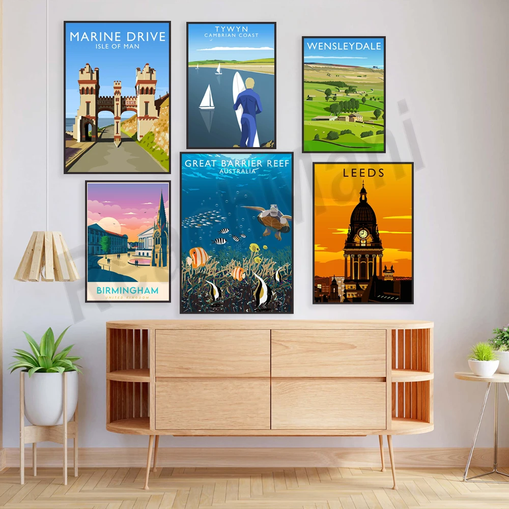 Whitby, Longland Bay, Middlesbrough, Kimbolton Castle, Penland Abbey, Ramsay Harbour, Longleat House, Birmingham travel poster