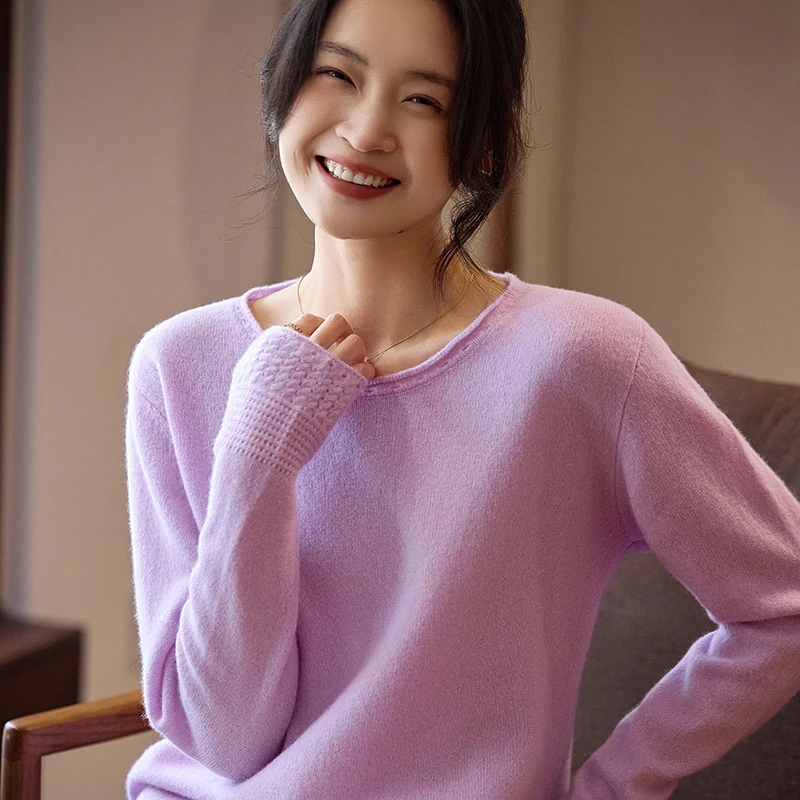 

2025 Spring New 100% Pure Wool Women's Sweater Solid Color Long Sleeve O-Neck Pullover Fashion Loose Knitted Top for Women