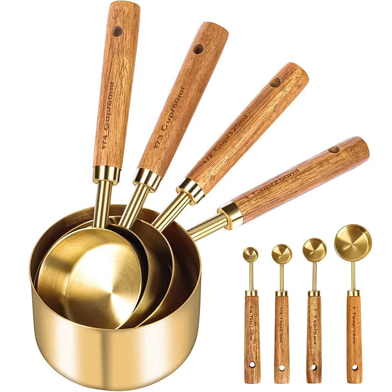 4/8pcs Wooden Handle Measuring Cups And Spoons Stainless Steel Food Coffee Flour Scoop Kitchen Scale Baking Cooking Gadget Sets