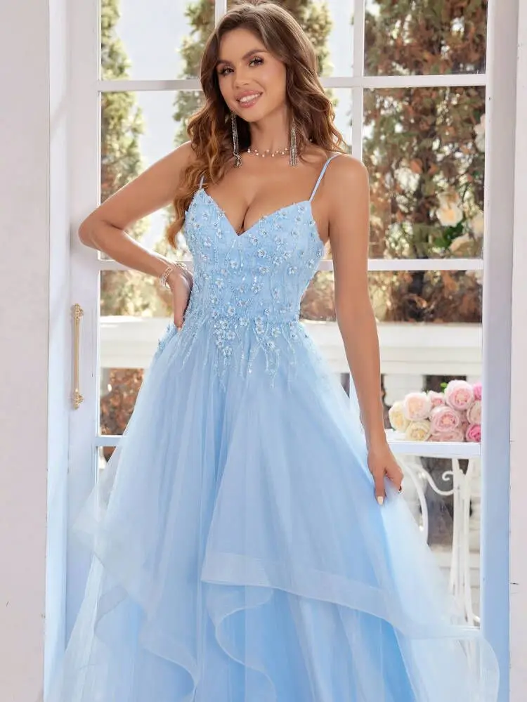 Tulle Prom Dresses For Teens V Neck Appliques Asymmetric Spaghetti Straps Ball Gown Beaded Evening Gowns For Women Formal