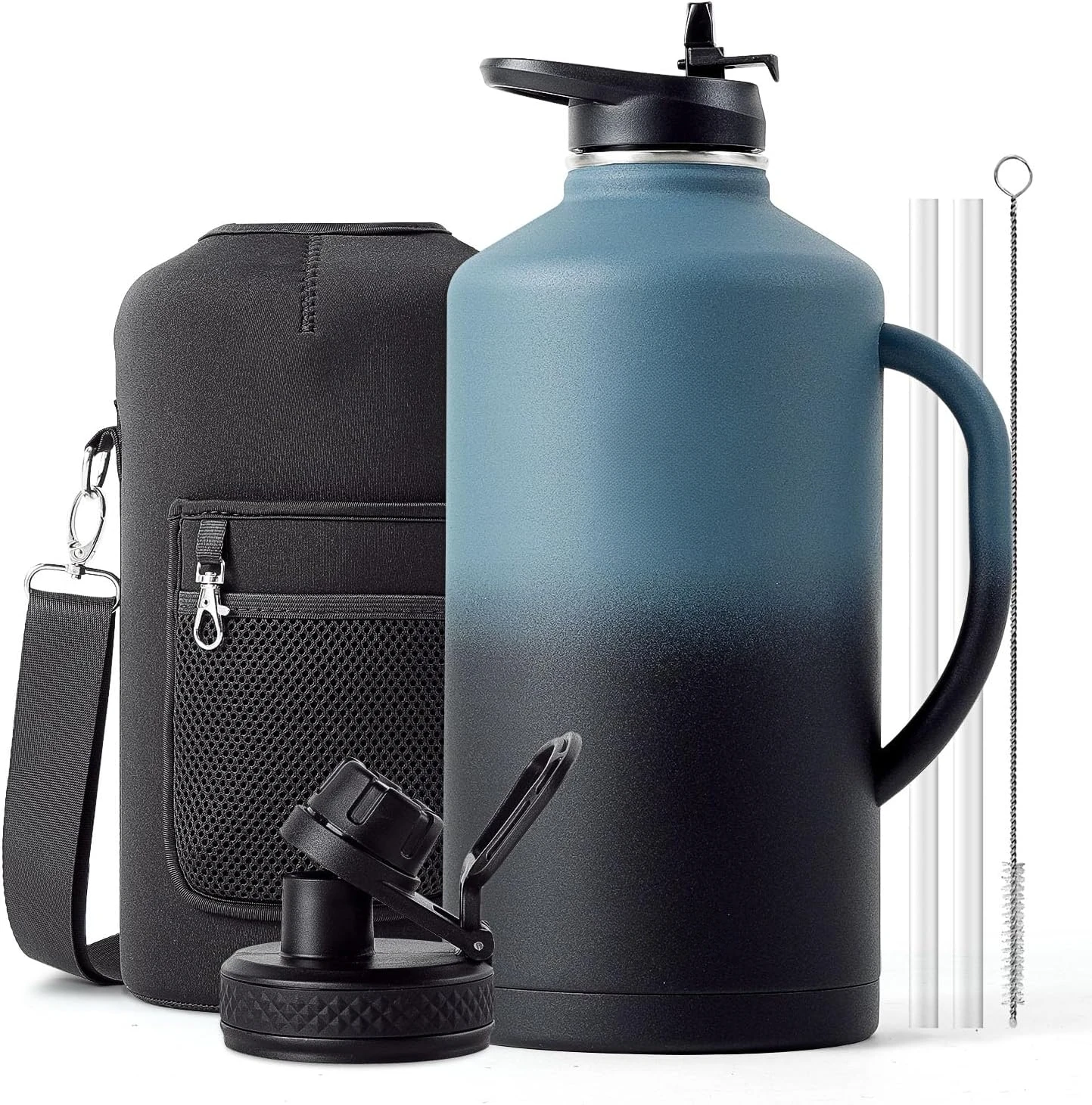 

Water bottle insulated with handle, stainless steel metal jug, travel bottle with straw mouth cap, mug mug with carrying pouch