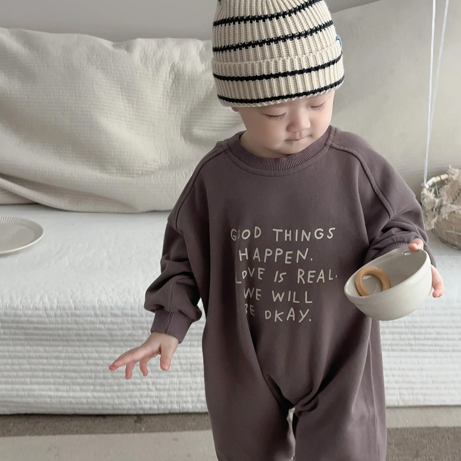 2024 Autumn New Baby Casual Romper Newborn Toddler Boy Long Sleeve Letter Print Jumpsuit Cotton Loose Infant Clothes 0-24M