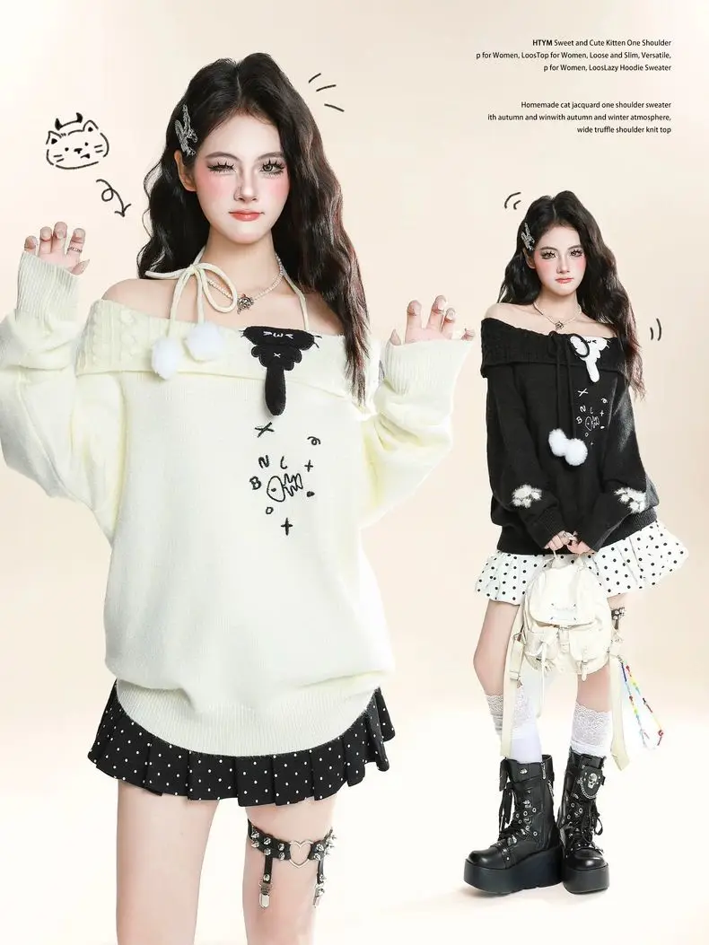 

Japan Cute Cute Kitten One-Shoulder Sweater For Women Autumn Y2k Loose Slimming Knitted Top