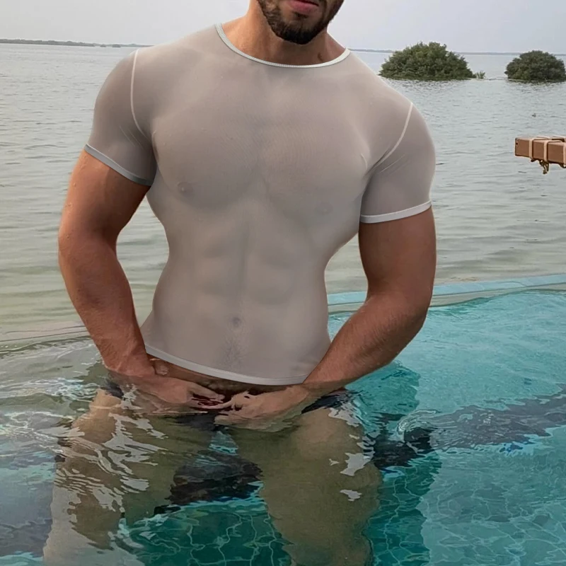 الصيف الرجال قصيرة الأكمام رقيقة جدا مثير شاش شفاف تي شيرت رياضي الرجال المألوف تنفس التجفيف السريع اللياقة البدنية #3