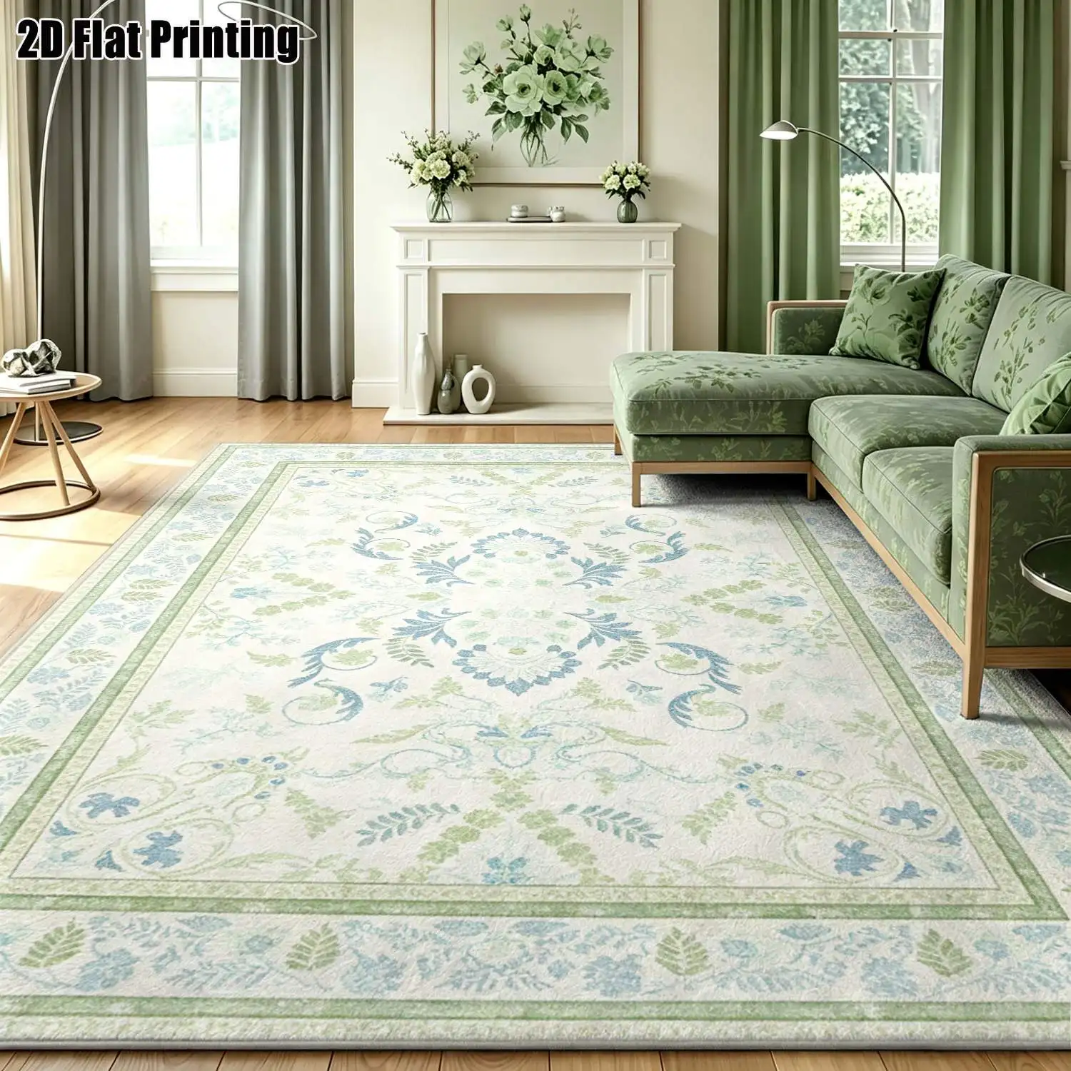 1Pc 2D Printed Carpet: Fresh Blue-Green Floral Vine Patterns, Nordic Modern Minimalist European Style, Ideal Home Decor, Multiple Sizes, Machine Washable, Suitable for Entrance/Living Room/Bedroom/Dining Room/Foyer