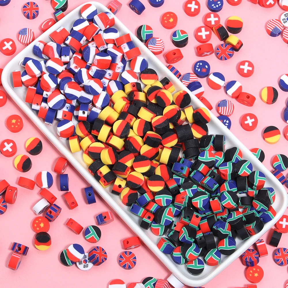 50pcs Polymer Clay Beads Color Flat Round National Flags Loose Bead for DIY Handmade Bracelets Necklace Accessories Wholesale
