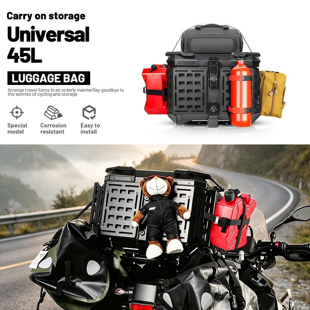 Caja trasera universal de aluminio con patrón en X de tres lados para motocicleta, scooter, bicicleta, maletero trasero de 45L, impermeable y a prueba de golpes
