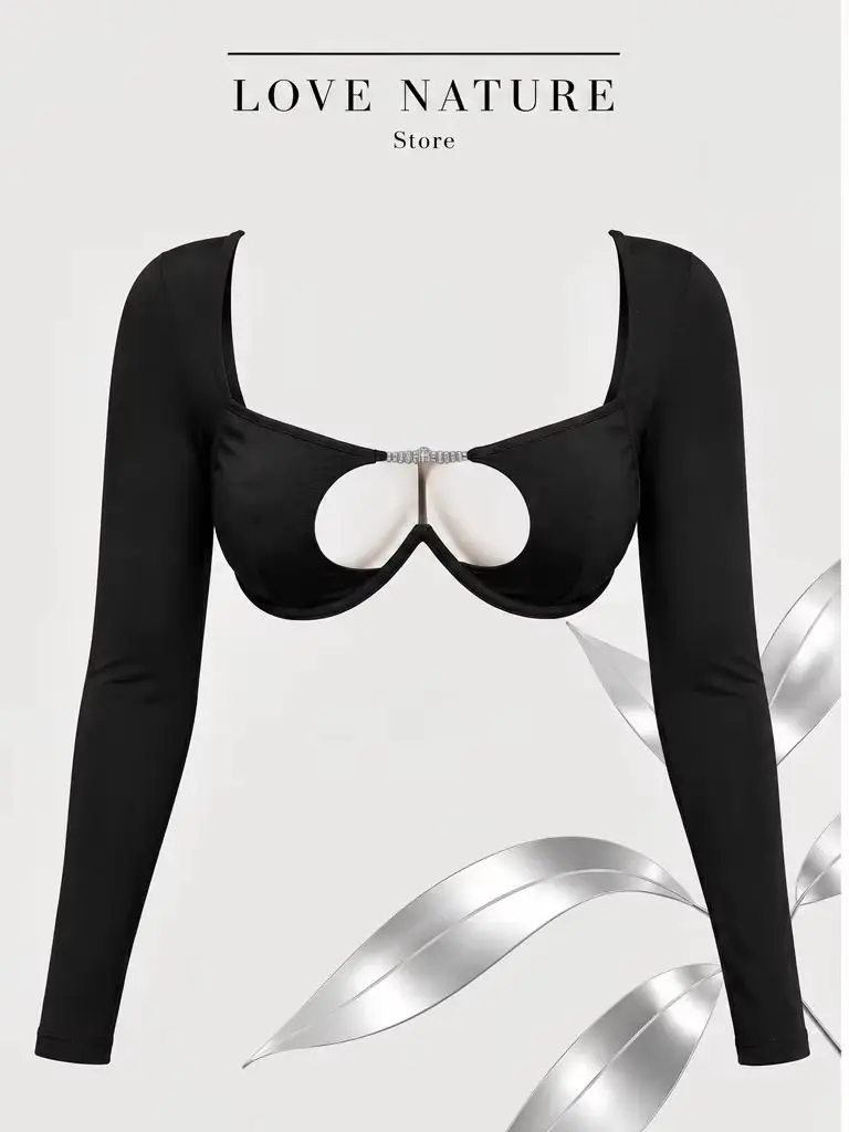 【LOVE NATURE Store】Women's Sexy Black Long Sleeve Crop Top, Rhinestone Detail Cutout Bustier, Y2K Clubwear