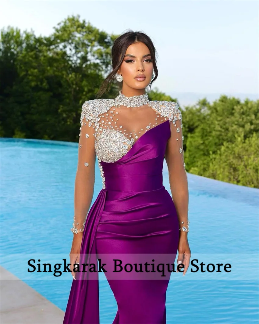 Elegante roxo vestido de noite grânulo cristais formal vestido de festa de aniversário vestido de casamento robe personalizado