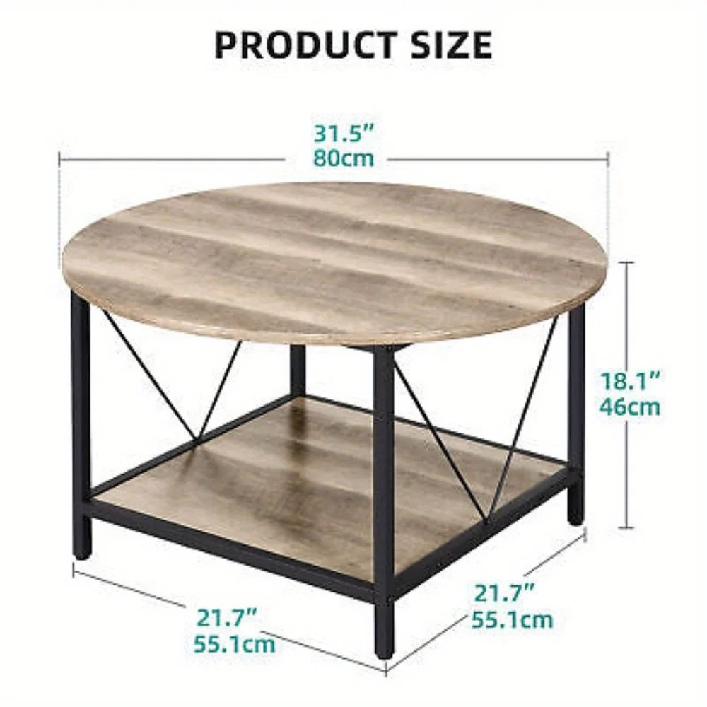 Table basse ronde rustique à 2 niveaux, table centrale avec étagère de rangement, bureau à domicile