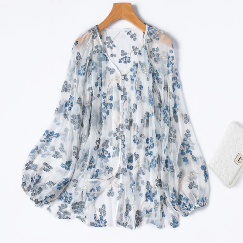 

Women Silk Blouse 100% Mulberry Silk Blue Floral Embroidery Transparent Buttons Down Long Sleeve Coat Cardigan Office Lady M1361