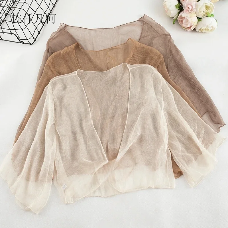 New 2026 Summer Cardigan Women Chiffon Shawl Short Small Shawl Sunscreen Solid Jacket  Woman
