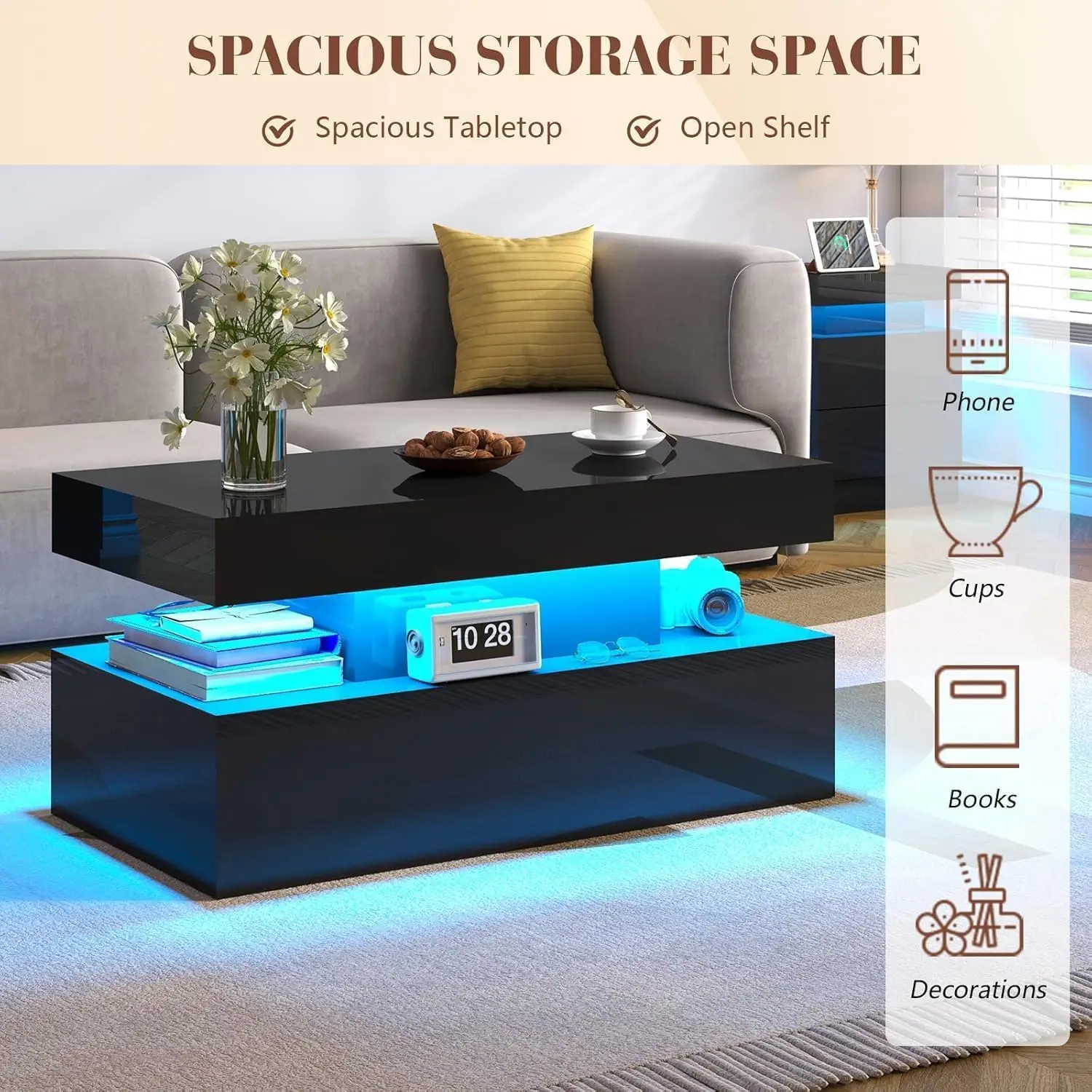 Conjunto de mesa de sala de estar de 3 peças, conjunto de mesa de centro moderno de alto brilho com luz LED e espaço de armazenamento, 2 mesas laterais, preto