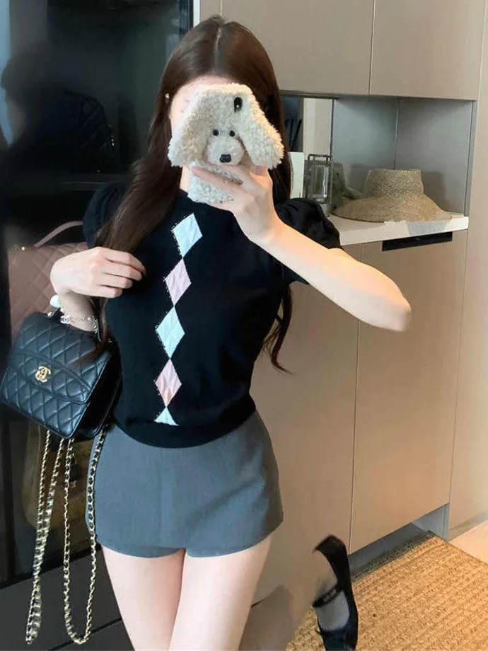 Korean Style Slim Fit Knitted Top Women's Summer Thin Bubble Sleeve Diamond Pattern Fashionable Youthful Weight Loss Upper Body