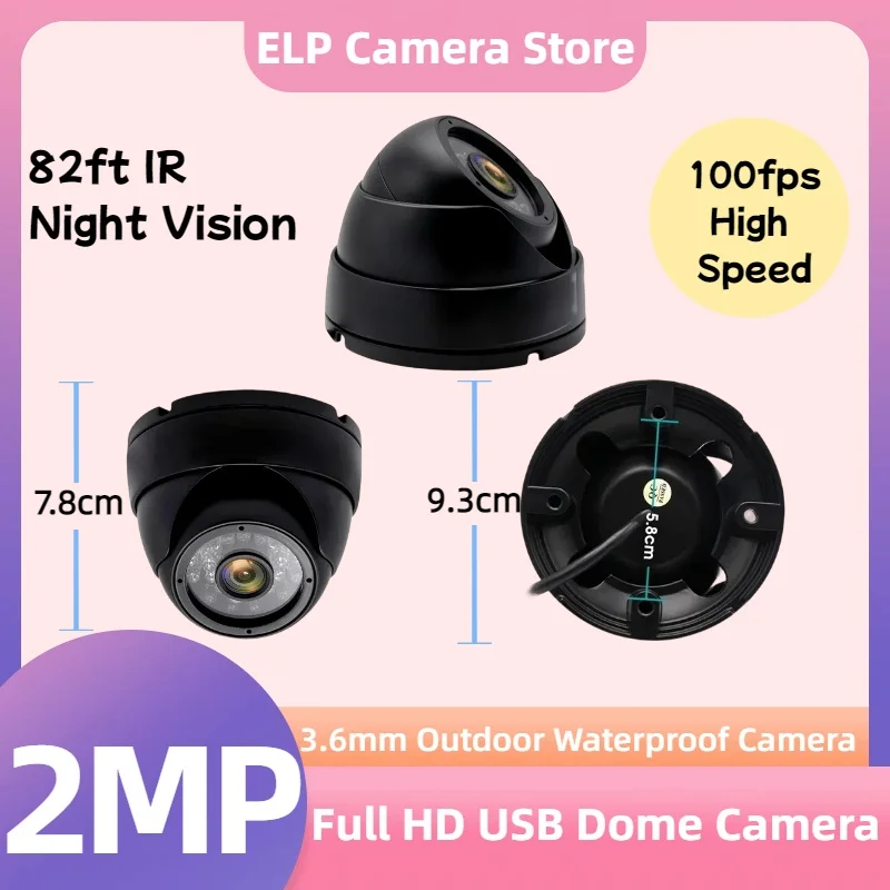 ELP 1080P Full HD 100fps High Speed USB Webcam IP66 Waterproof Outdoor Dome CCTV Security Camera with Night Vision for Security