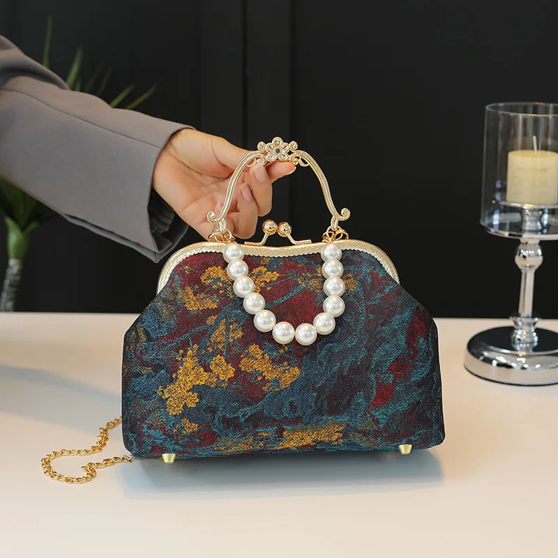 

Vintage Elegant Flower Print Small Clutches Handbags for Women Fine Fashion Chinese Style Evening Bags Party Chain Shoulder Bag