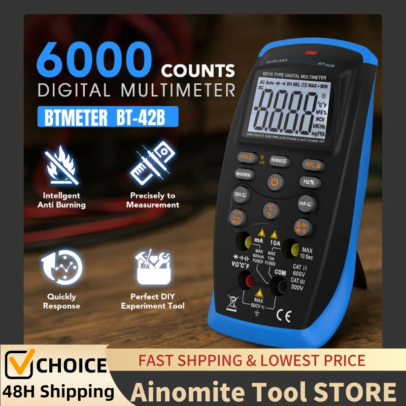 

BT-42B TRMS 6000 Count Digital Multimeter, Push Button Design, Auto-Ranging Ohm Volt Amp Cap Hz Diode Voltage Temp Continuity