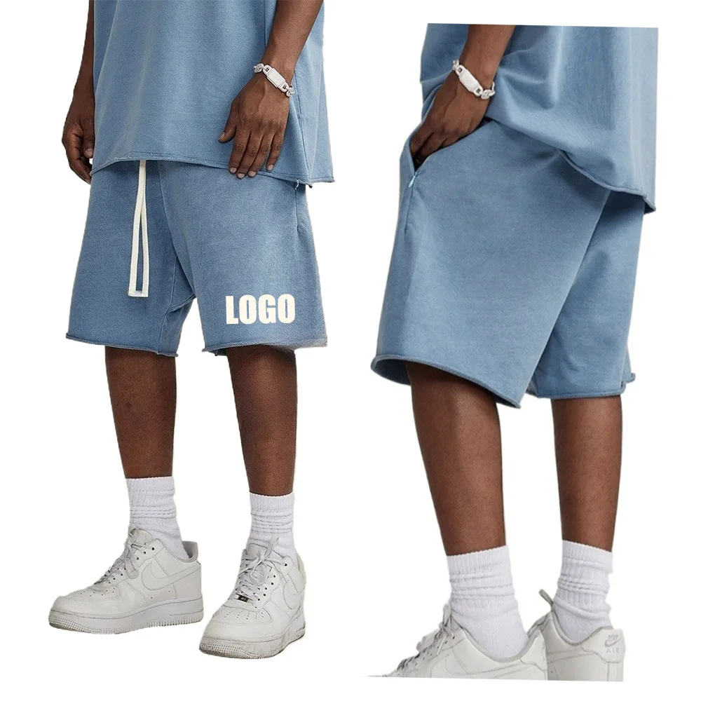 

Мужские шорты с логотипом на заказ, весна/лето, 100% хлопок, свободные шорты в стиле ретро, 410 г, повседневные спортивные потертые шорты с карманом на молнии