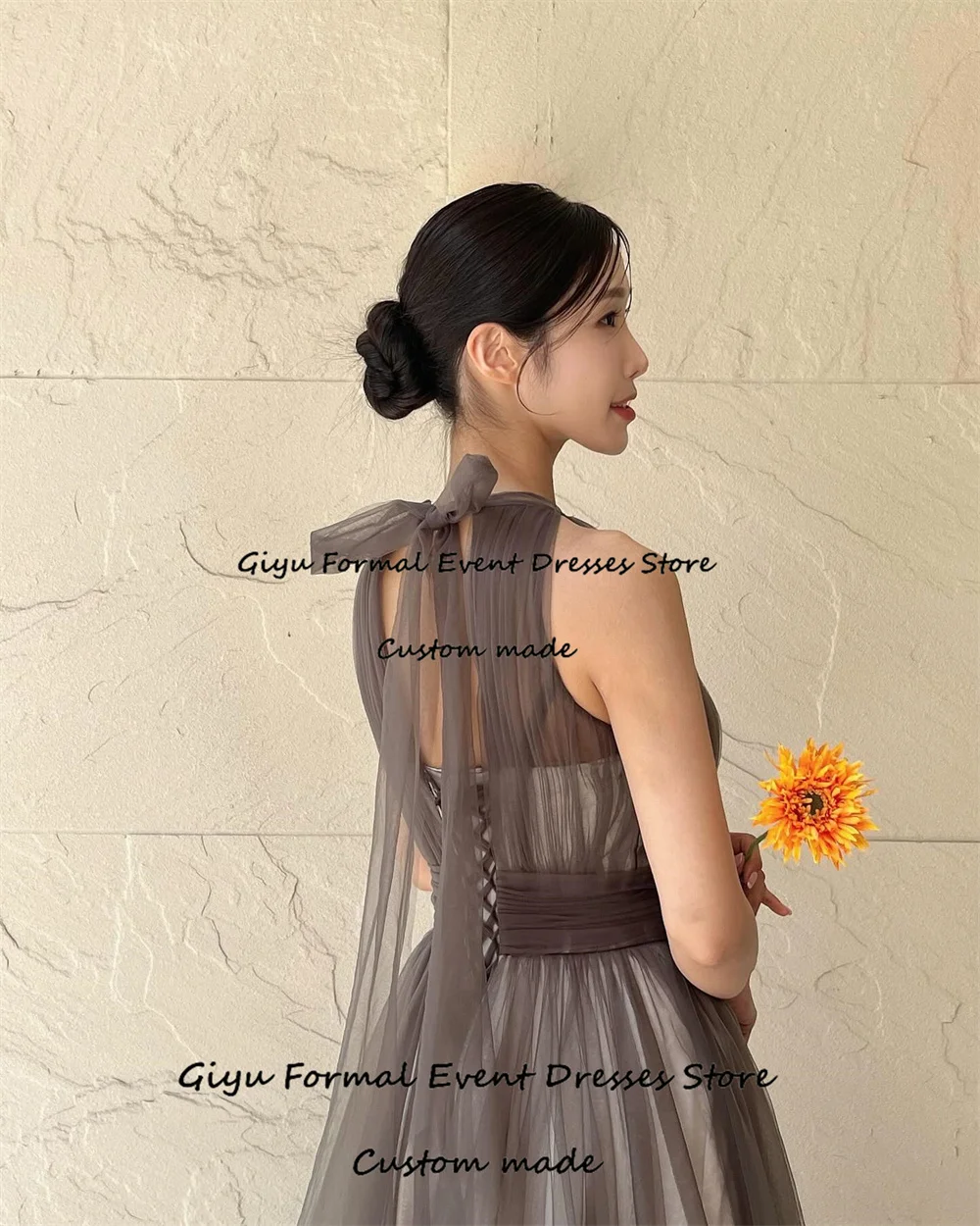 Giyu Simple Draped Korea Wedding Dress Photo Shoot A-line Bow O-Neck Floor-Length Evening Gown Dress Birthday Party Dress