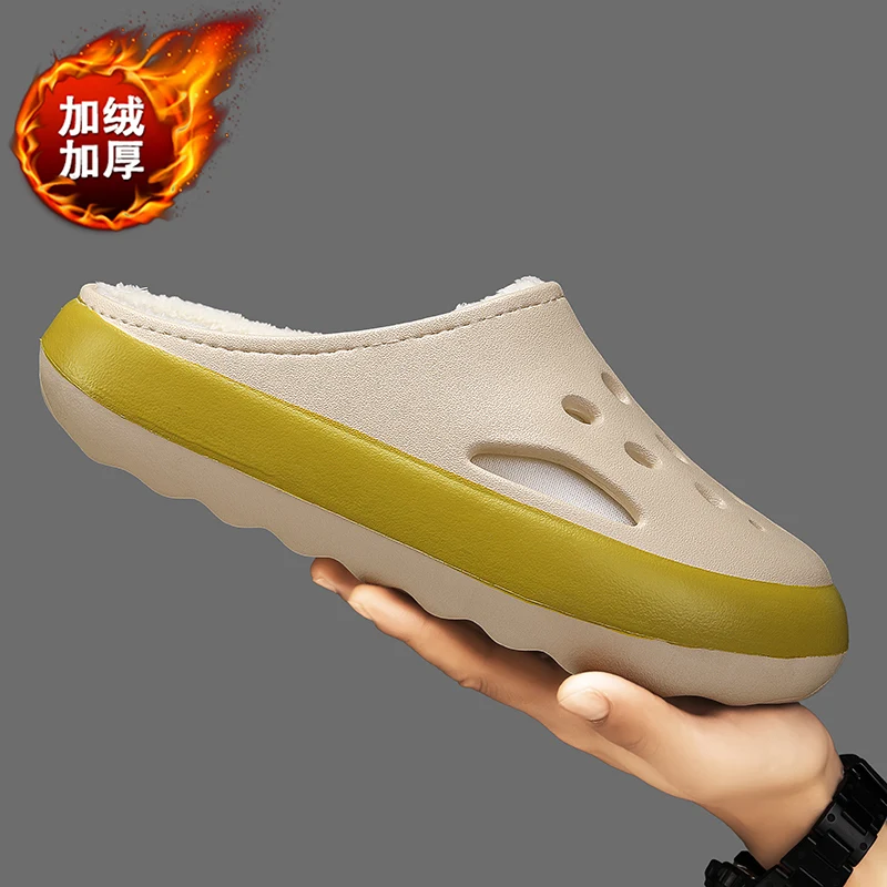 داخلي المنزل أحذية قطنية شتاء دافئ أفخم الفراء قباقيب لينة نصف أحذية للرجال النساء عارية الذراعين الصنادل المطاطية حديقة الأحذية