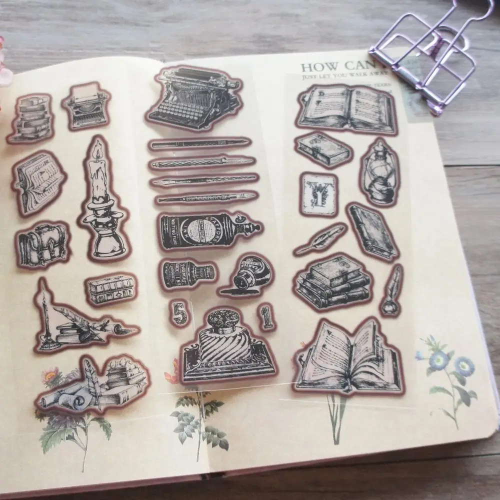 

3 Sheets Vintage Kraft Paper Sticker Ancient Clock Glassware Study Items Gift Tag Gift Decoration Scrapbooking DIY Sticker