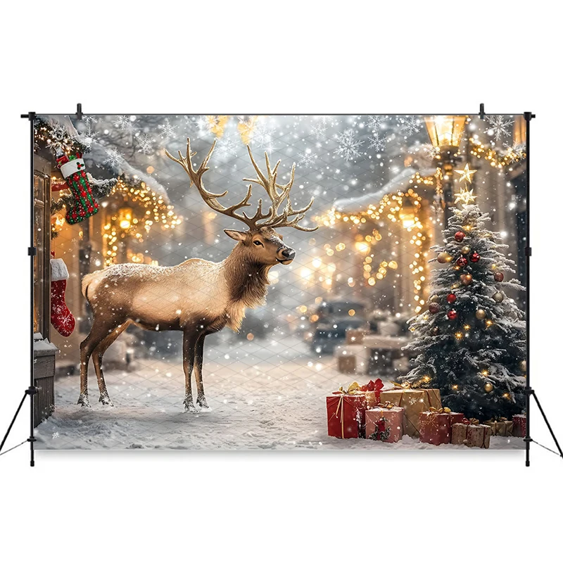 Mocsicka Christmas Photography Backdrop Xmas Tree Snow Deer Gifts Decoration Children Kid Family Holiday Party Background Banner
