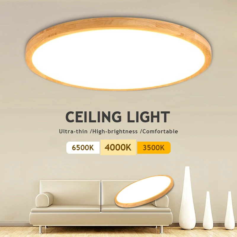 

LED Wood Grain Ceiling Lamp Ultrathin Modern Round Ceiling Light for Living Room Study Bedroom Lighting 220V 110V