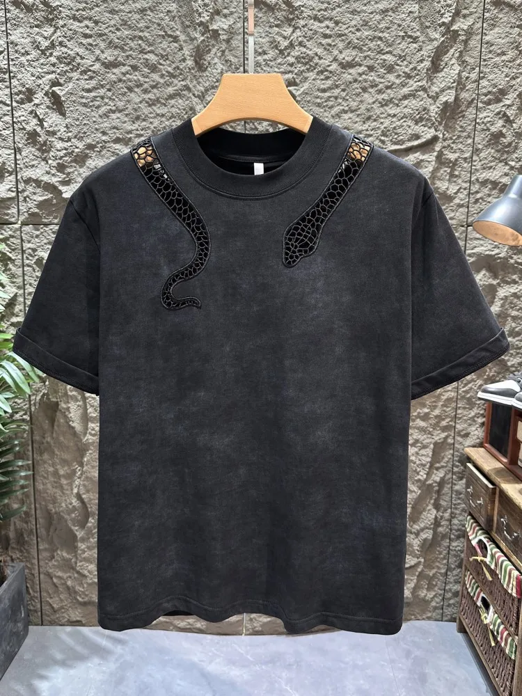 Male Black O-Neck Hollowed Out Cool Tees American Style Fashion Retro Short Sleeve T-shirt Summer Casual Men Loose Pullover Tops