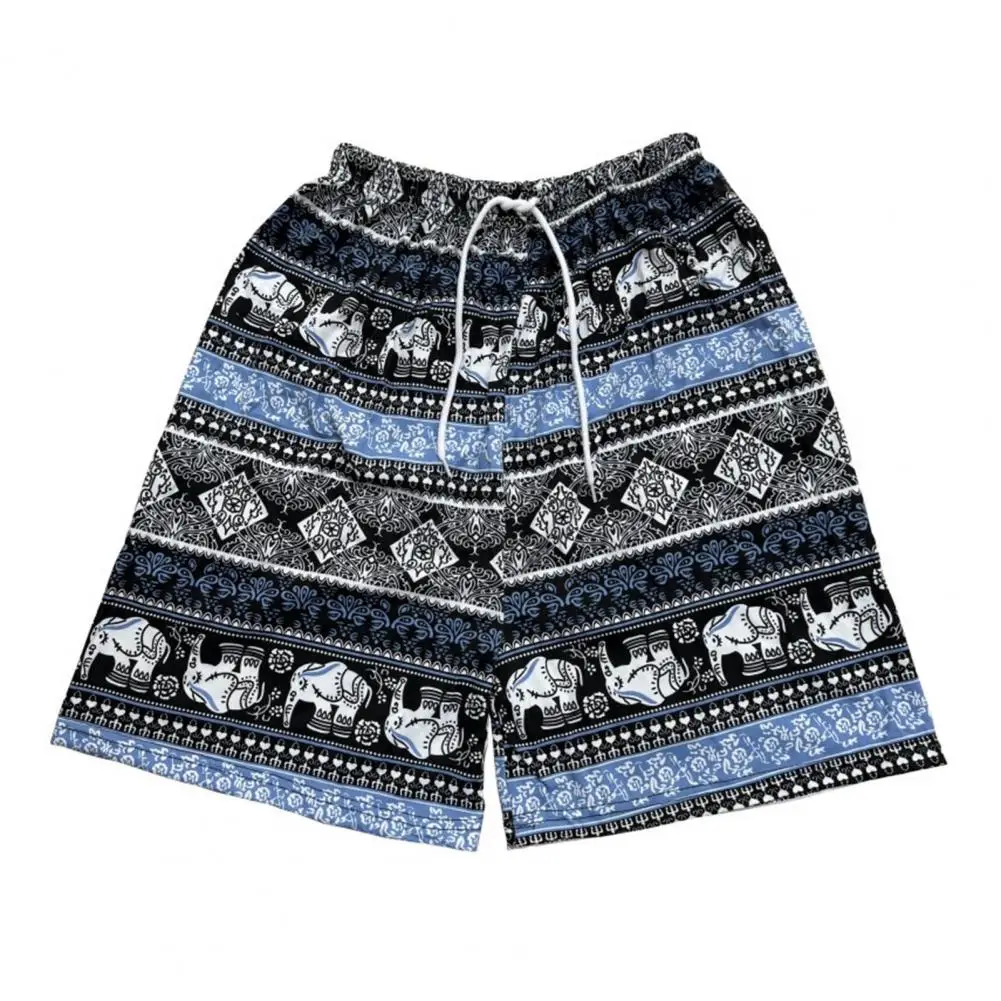 Women Casual Beach Shorts Drawstring Elastic Waist Shorts Thai-Inspired Elephant Print Wide Leg Summer Shorts