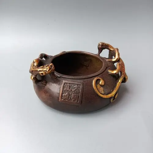 

Pure copper gilded double dragon ear Ashtray pen wash