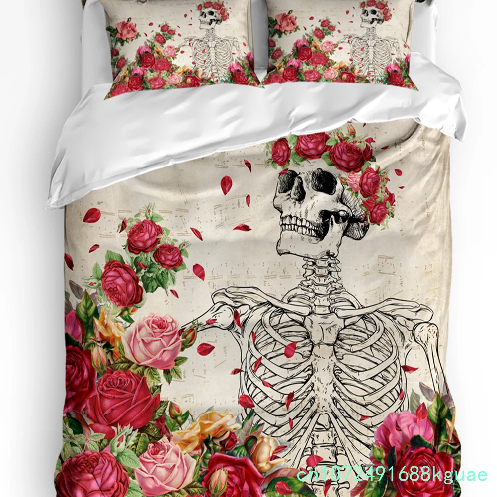 Skull Rose Flower Retro Duvet Cover With Pillow Case Custom 3pcs Bedding Set Quilt Cover Double Bed Home Textile