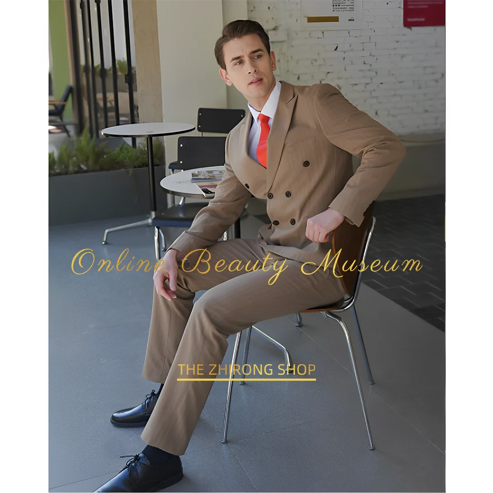 Mens 2-Piece Slim Fit Tuxedo (Blazer + Pants) Double Breasted Pinstripe Formal Suit for Business Wedding Prom Cocktail Easter