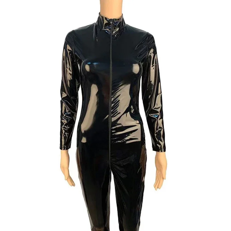 Shiny Patent Leather Jumpsuits Women Zipper Open Crotch Bodysuits Long Sleeve Nightclub Dance Overalls Bodycon Exotic Custom