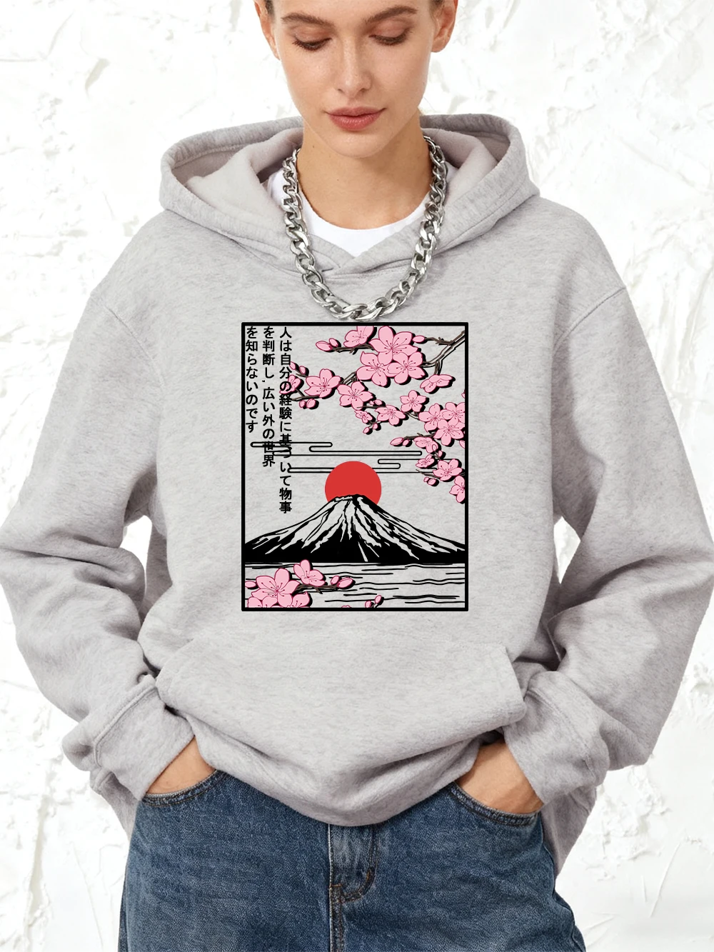 جبل فوجي أزهار الكرز يطبع سترات قطنية عالية الجودة النساء الركض جيب بلوزات رياضي فضفاض البلوز الشتاء الصوف الملابس