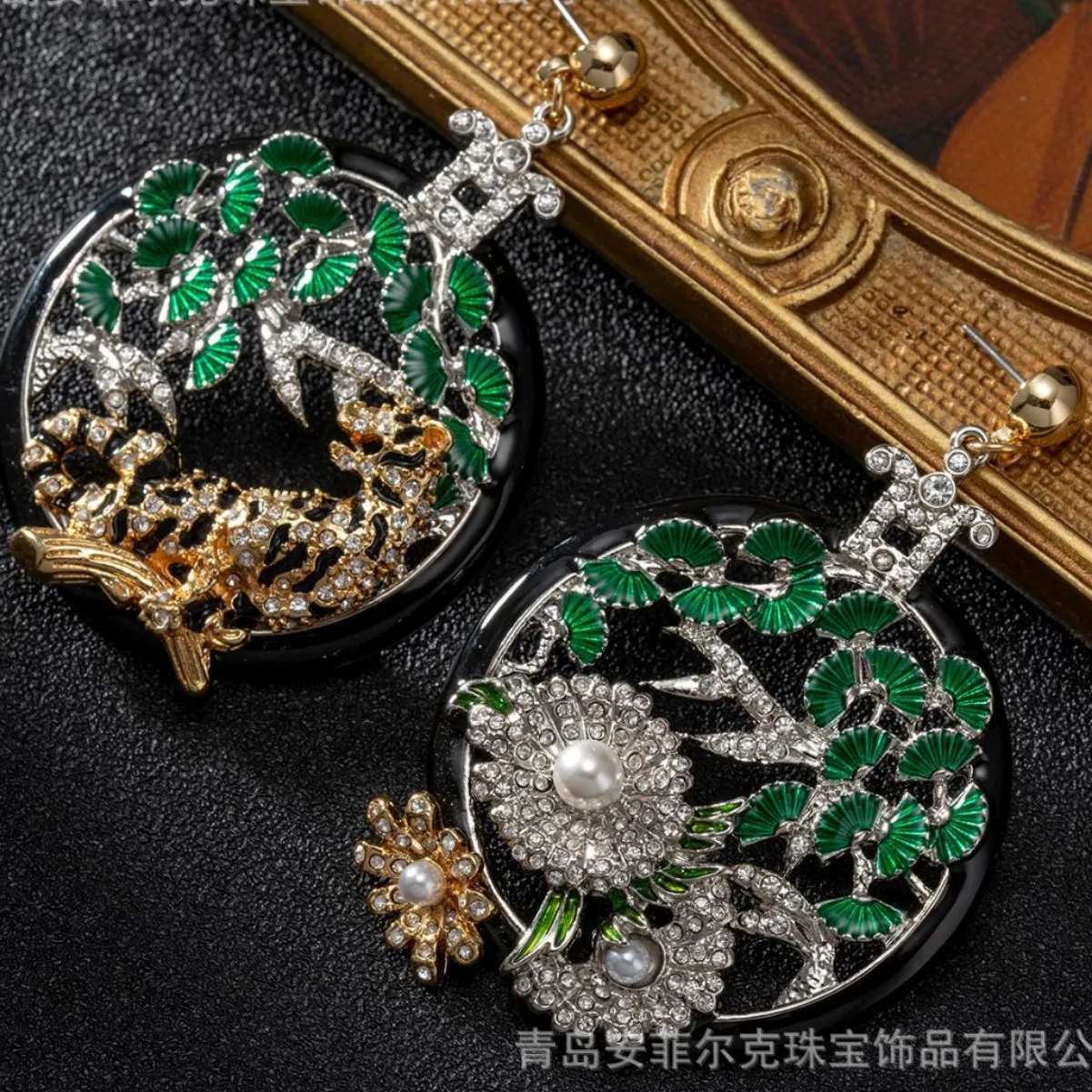 Medieval  leopard and pine forest asymmetric earrings enamel green leaves sparkling diamond flowers round earrings
