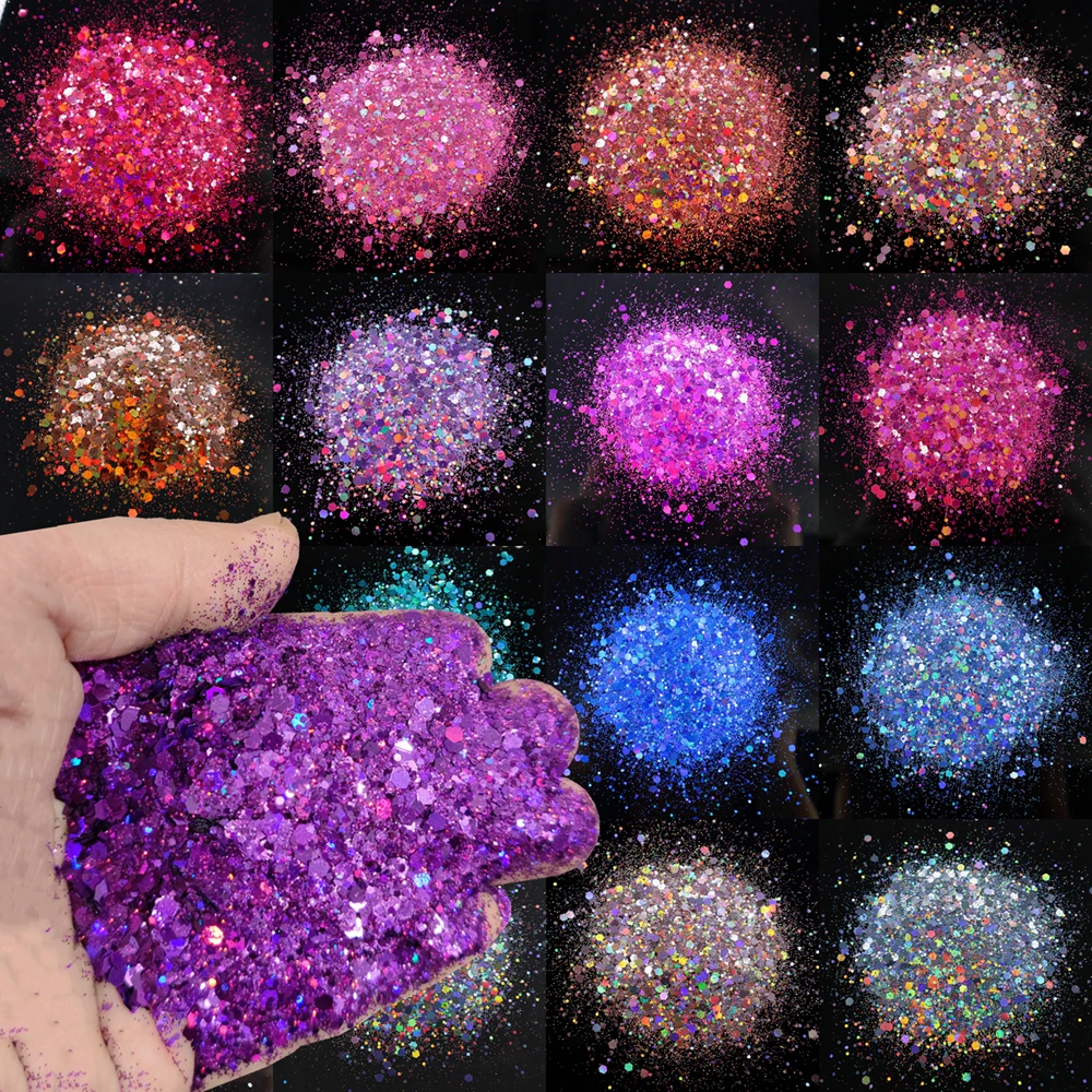 Granel atacado pó holográfico misturado hexágono lantejoulas glitter face olho artesanato unha chunky glitter mix cor mudando brilho