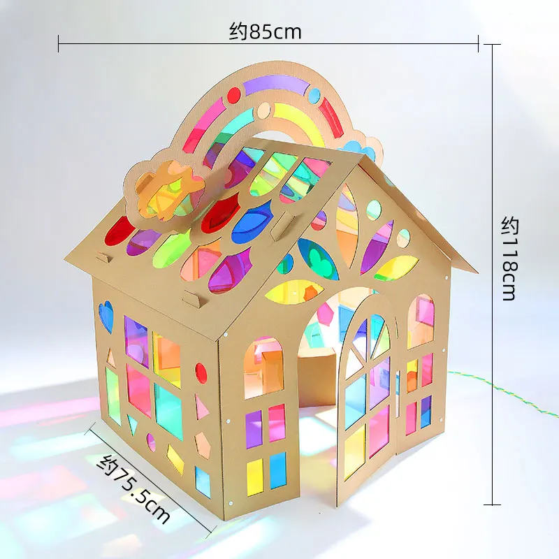 Kids Cardboard Paper Shell Color Light and Shadow House butterfly rainbow Cabin Handmade DIY baby Room Glass Piece