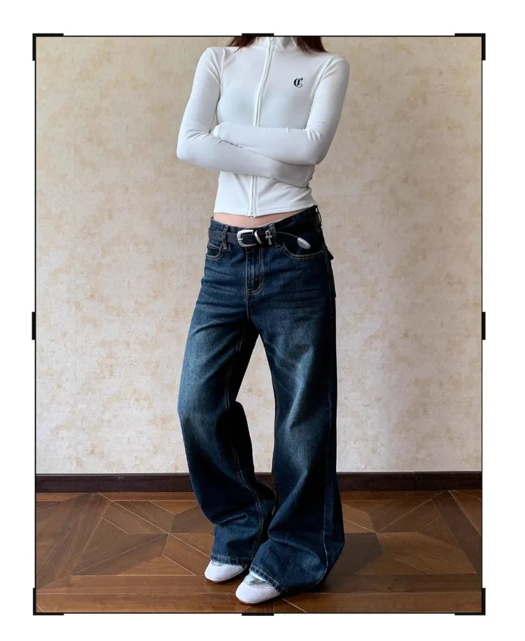 Women's Retro Cat Whisker Straight Leg Micro Flared Jeans Cool Girl Streetwear Wide Leg Trouser Female Casual Vintage Denim Pant