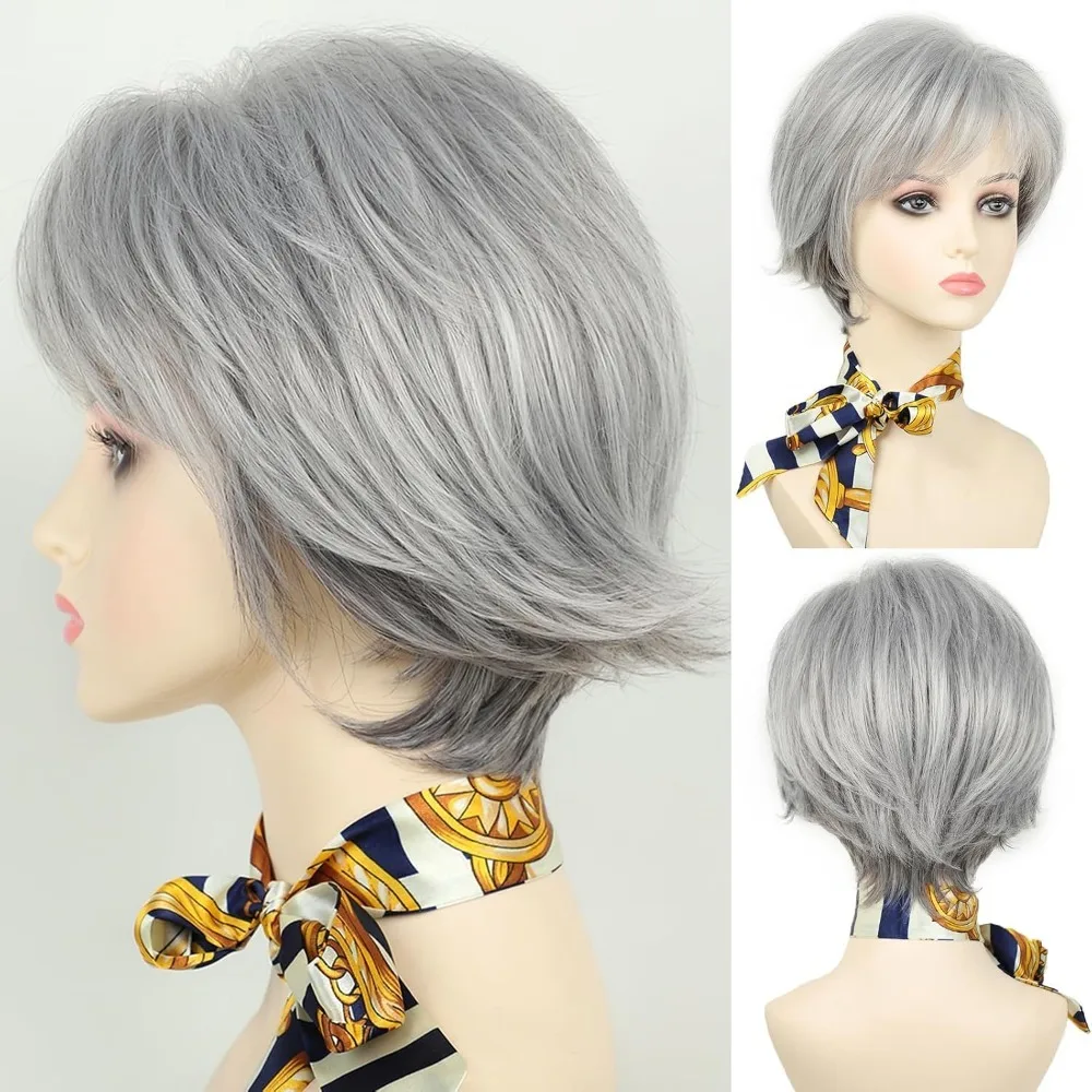 

Short Hair Wigs with Bangs Dark Brown Mixed Blonde Pixie Cut Wig for Women Straight Synthetic Fiber Wigs