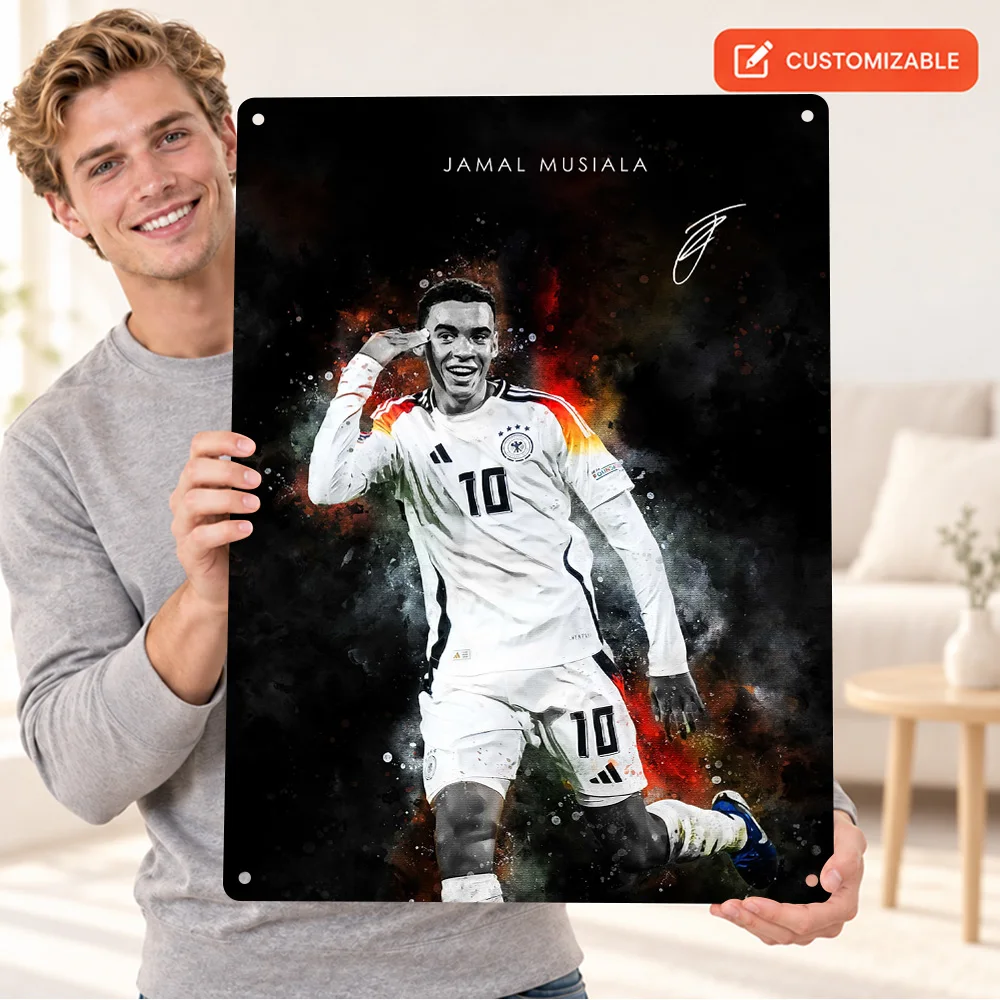 Jamal Musiala Football Textured Metal Poster Personalized Aluminum Sign Splatter Watercolor Illustration Wall Art For Game Room