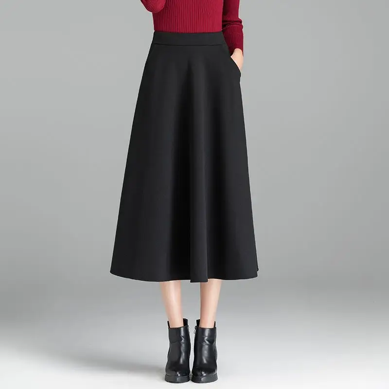 Women High Waist Knitted Midi Skirt Solid A Line Swing Skirt