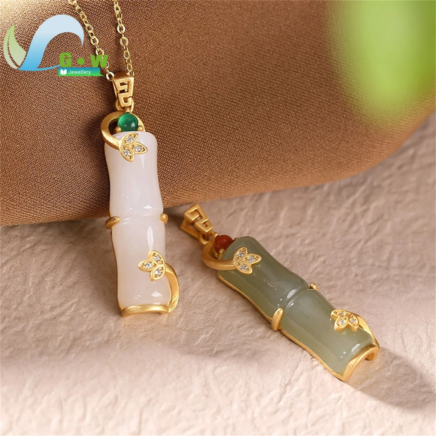 Handmade Bamboo Shape Necklace 925 Pure Silver Natural Stone Retro Imperial Style Jewelry Gift Women Evening Collarbone Chain Ac