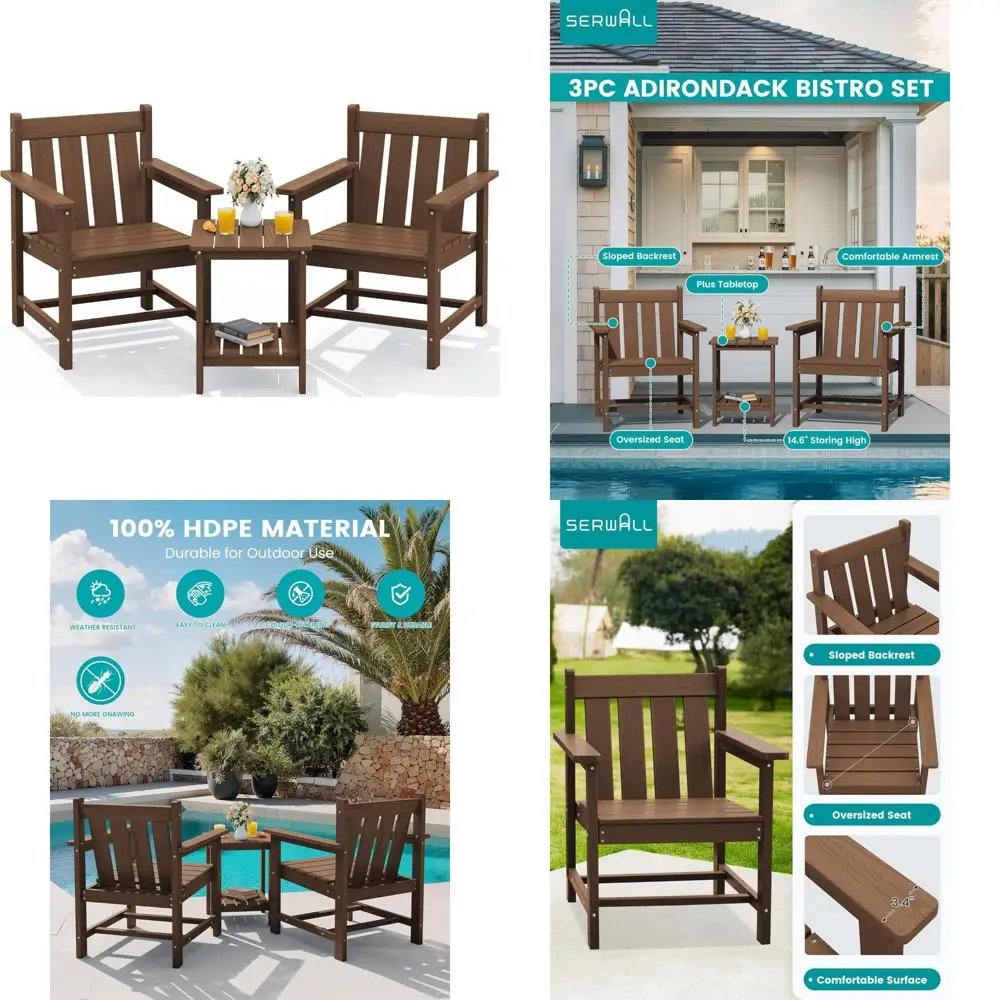 

3 Pieces Patio Bistro Set, All Weather Adirondack Chair Set with Side Table, HDPE Material Outdoor Patio Furniture Set for Balc