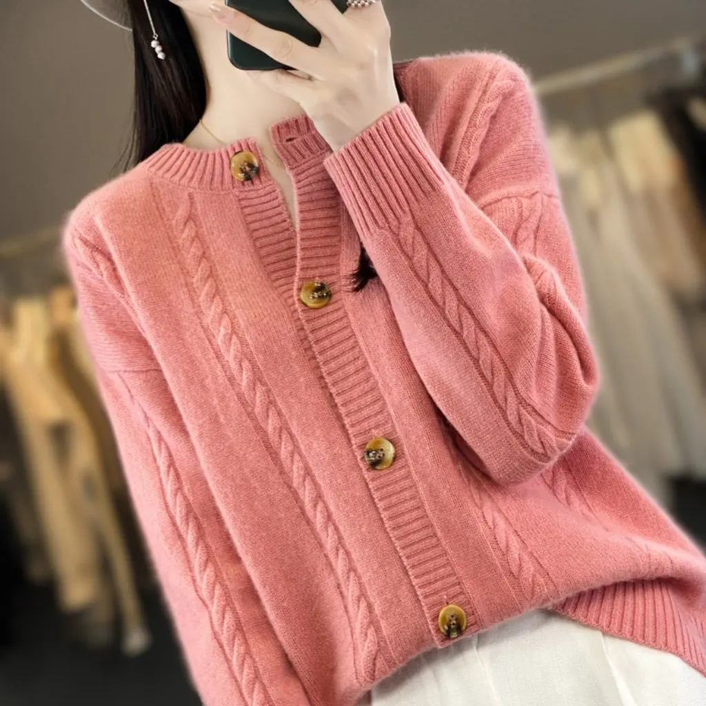 

Женский вязаный кардиган в корейском стиле в стиле ретро с круглым вырезом, однотонный, свободный, для похудения, элегантный, для пригородных поездок, осень-зима