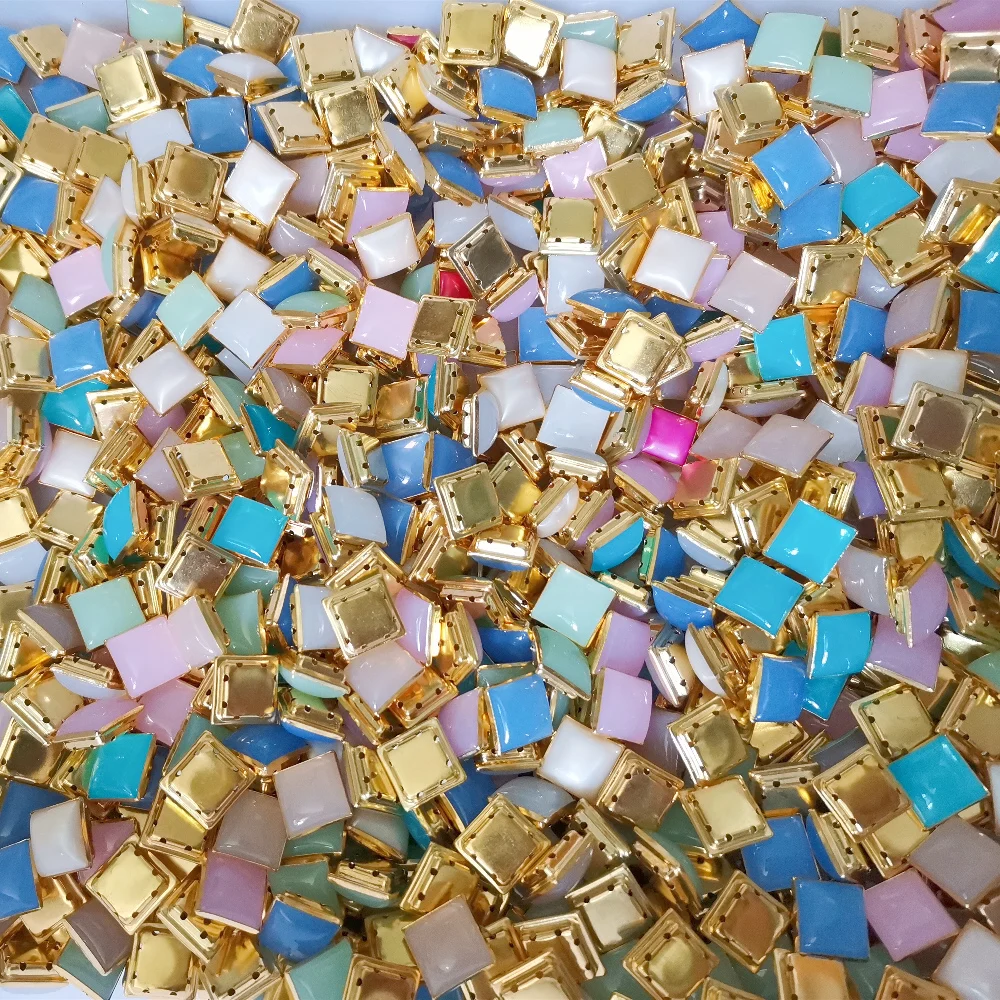 

100 Pcs 12mm Mix colors Acrylic Opal Square Shape Sew On Beads With Gold brass Claw Setting diy Jewelry Beads handmade beads