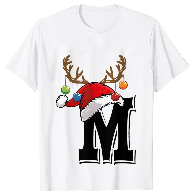 New 26 A~Z Christmas Alphabet T Shirt Women Casual Fashion T-shirt Short Sleeve Christmas Party Aesthetics White Tshirt Top