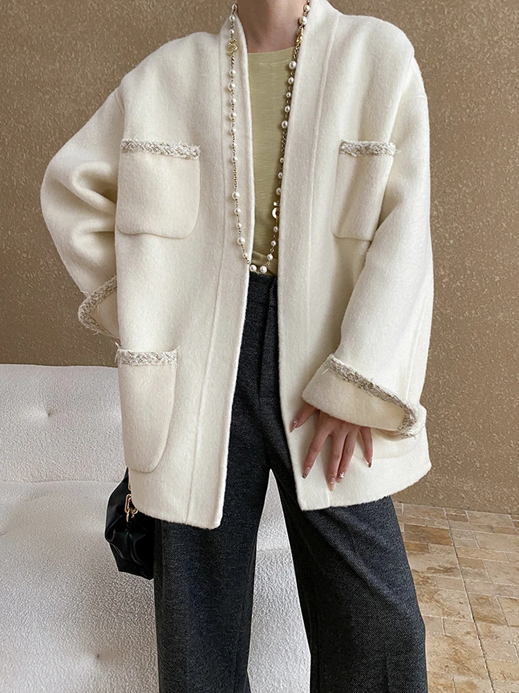 TLXT 女性のベルトギャザーウエストウールブレザー女性のための V ネックオフィスレディ厚く暖かい緩い生き抜く 2025 冬の新 XK1020