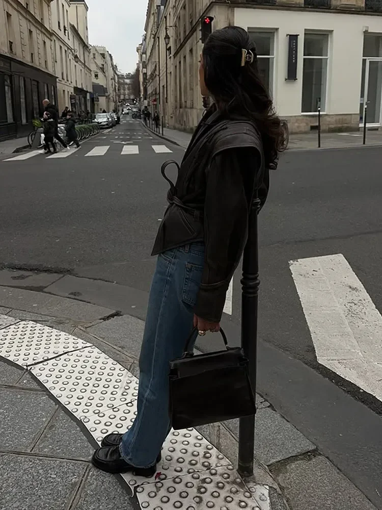 Vintage Shoulder Pad Faux Leather Jackets Women V-neck Long Sleeve Lace Up Crop Coat With Belt Autumn Lady Street Outerwear